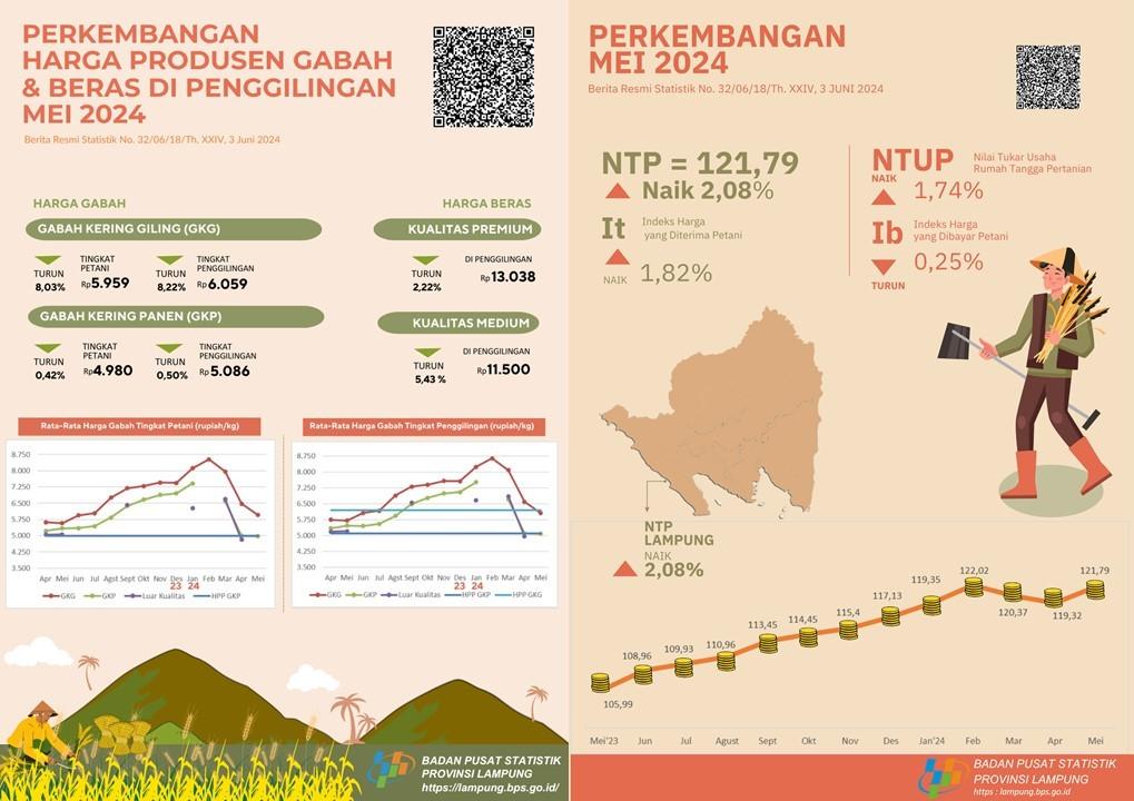 NTP Provinsi Lampung Mei 2024 sebesar 121,79 atau naik 2,08 pers, sedangkan Harga GKP di Tingkat Petani turun 0,42 persen dan Harga Beras Premium di Penggilingan turun 2,22 persen